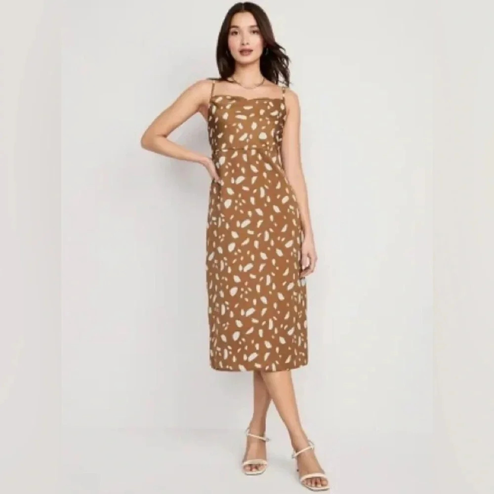 Old Navy Cowlneck Satin Brown Print Slip Maxi Dress - Size Medium